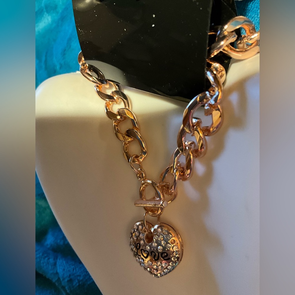 ELEGANT ROSE/GOLD 3PC CRYSTAL LOVE PUFF HEART NECKLACE BRACELET &EARRING 18Kg.p. - Picture 7 of 16